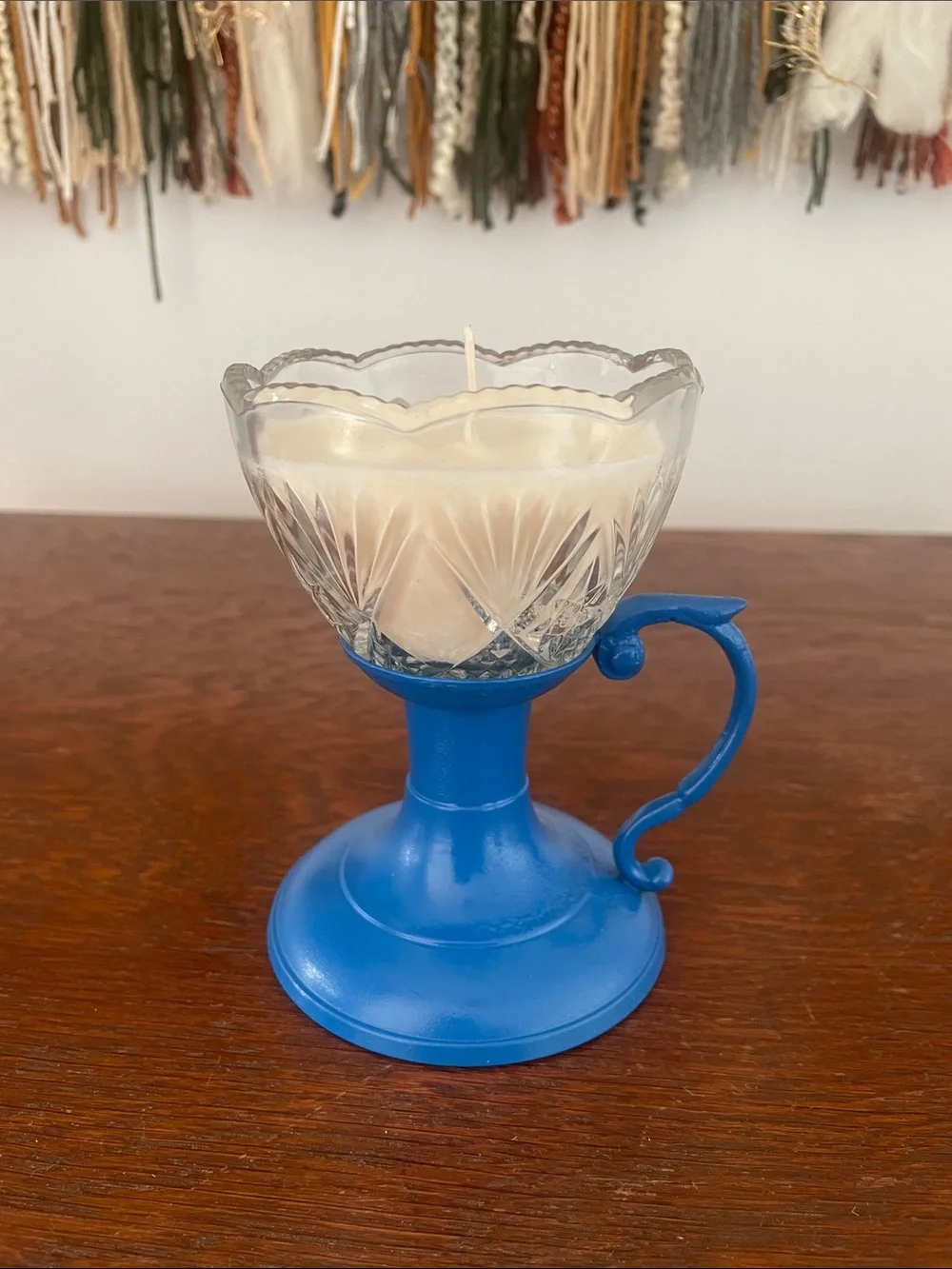 Blue metal -Base with Crystal Candle Holder with White Candle